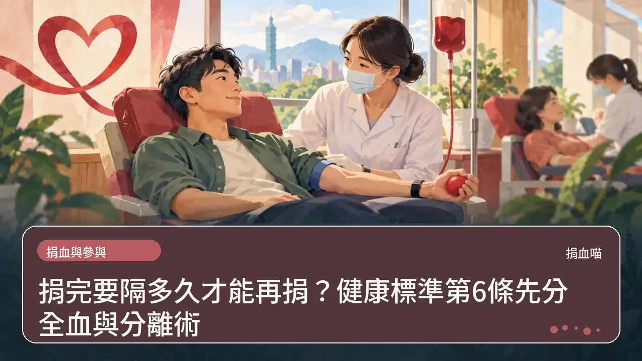 捐完要隔多久才能再捐？健康標準第6條先分全血與分離術主題插畫